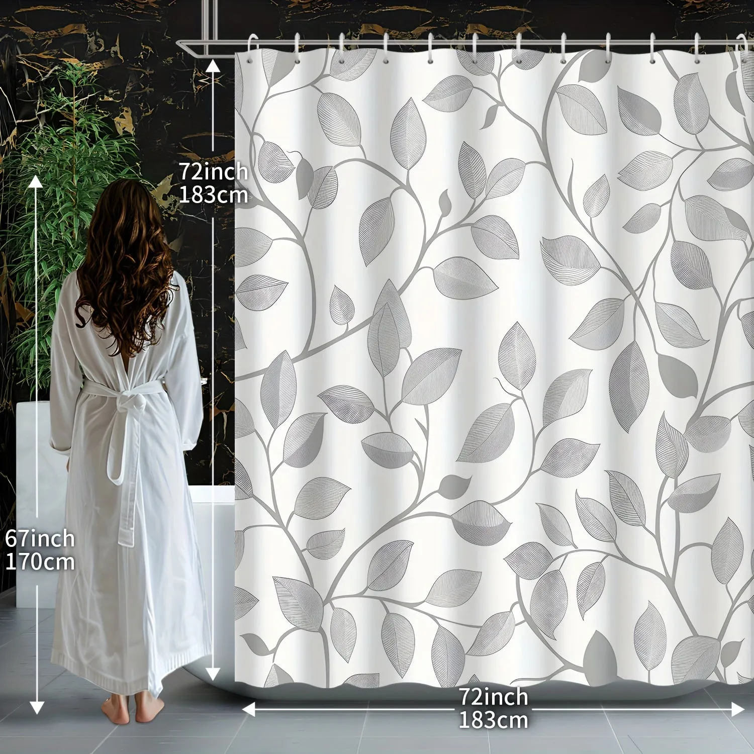 12-Hook Grey Sketch Abstract Art Vine Decorative Shower Curtain, Machine Washable, Water-Resistant Polyester Fabric, Unlined, Grommet Top, Woven Botanical Leaf Pattern Bathroom Decor