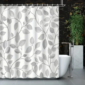 12-Hook Grey Sketch Abstract Art Vine Decorative Shower Curtain, Machine Washable, Water-Resistant Polyester Fabric, Unlined, Grommet Top, Woven Botanical Leaf Pattern Bathroom Decor