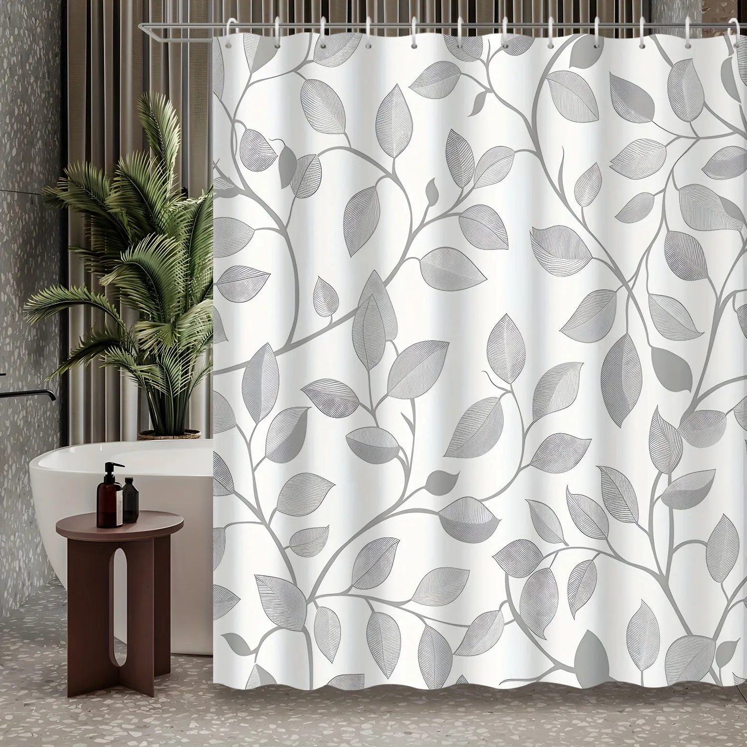 12-Hook Grey Sketch Abstract Art Vine Decorative Shower Curtain, Machine Washable, Water-Resistant Polyester Fabric, Unlined, Grommet Top, Woven Botanical Leaf Pattern Bathroom Decor