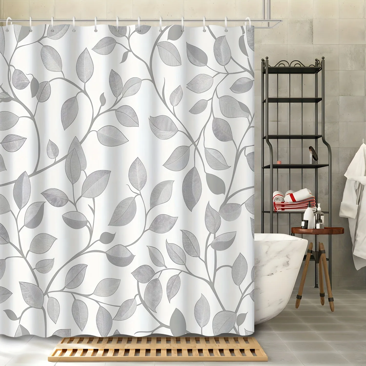 12-Hook Grey Sketch Abstract Art Vine Decorative Shower Curtain, Machine Washable, Water-Resistant Polyester Fabric, Unlined, Grommet Top, Woven Botanical Leaf Pattern Bathroom Decor