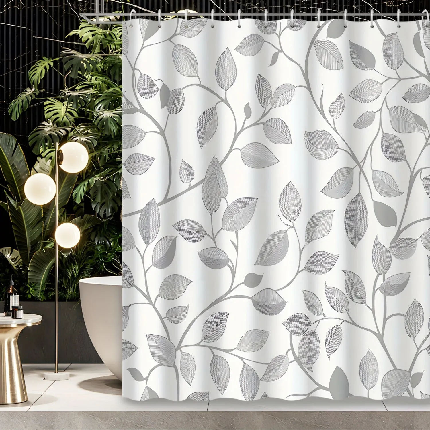 12-Hook Grey Sketch Abstract Art Vine Decorative Shower Curtain, Machine Washable, Water-Resistant Polyester Fabric, Unlined, Grommet Top, Woven Botanical Leaf Pattern Bathroom Decor