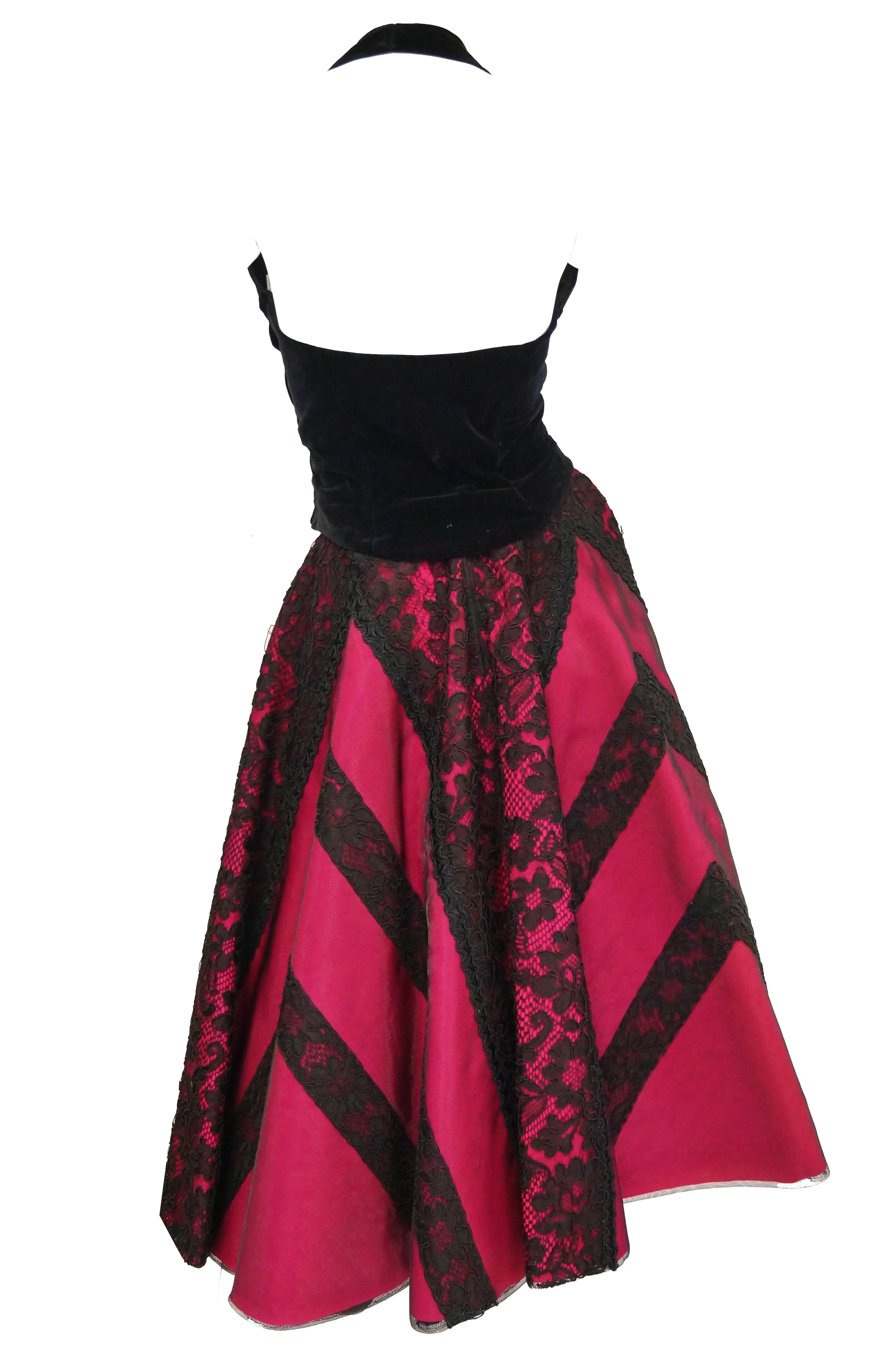 1950s Carol Antell Fuchsia Silk and Black Lace Velvet Skirt and Halter