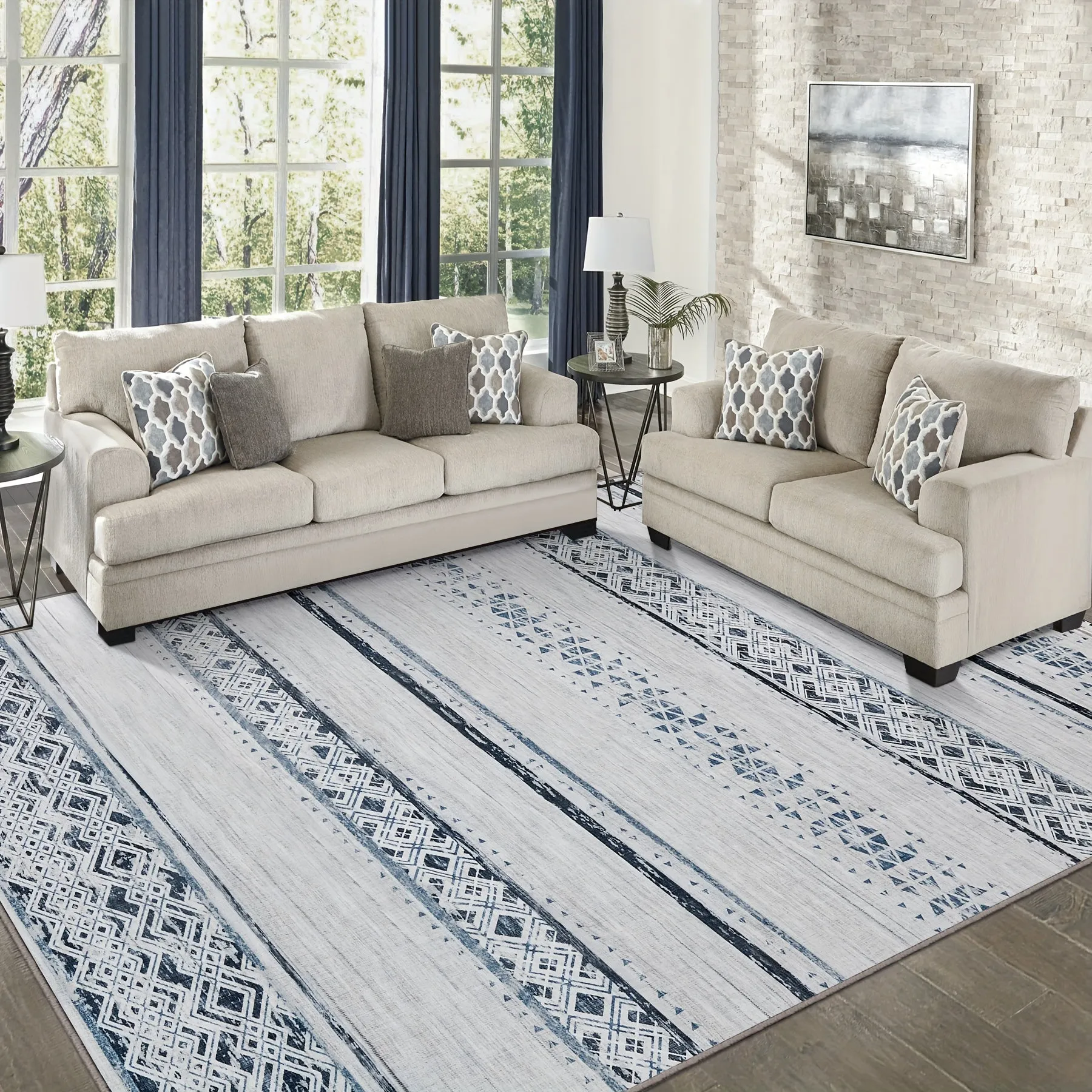 1pc 5x7/8x10/9x12 Area Rugs For Living Room Bedroom: Large Machine Washable Rug With Non-Slip Backing Non Shedding Stain Resistant, Soft Geometric Moroccan Carpet For Dining Room -Blue/Ivory