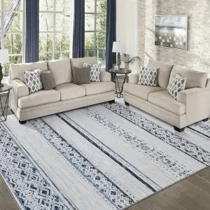 1pc 5x7/8x10/9x12 Area Rugs For Living Room Bedroom: Large Machine Washable Rug With Non-Slip Backing Non Shedding Stain Resistant, Soft Geometric Moroccan Carpet For Dining Room -Blue/Ivory