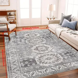 1Pc Bohemian Chic Imitation Cashmere Area Rug with Abstract Floral Pattern, Gray and White Colors, Anti-Slip Backing, Solid Edge, and Easy Cleaning - Perfect for Bedroom, Living Room, and Bedside Decoration