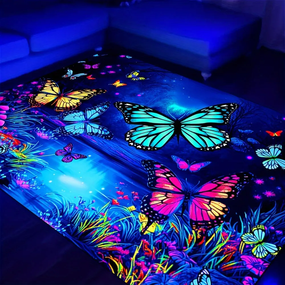 1PC Soft And Comfortable Vibrant Butterfly Design Area Rug - Non-Slip, UV Blacklight Washable Polyester Mat For Game Room, Bedroom, Living Room, Outdoor Rug & Entryway Decor