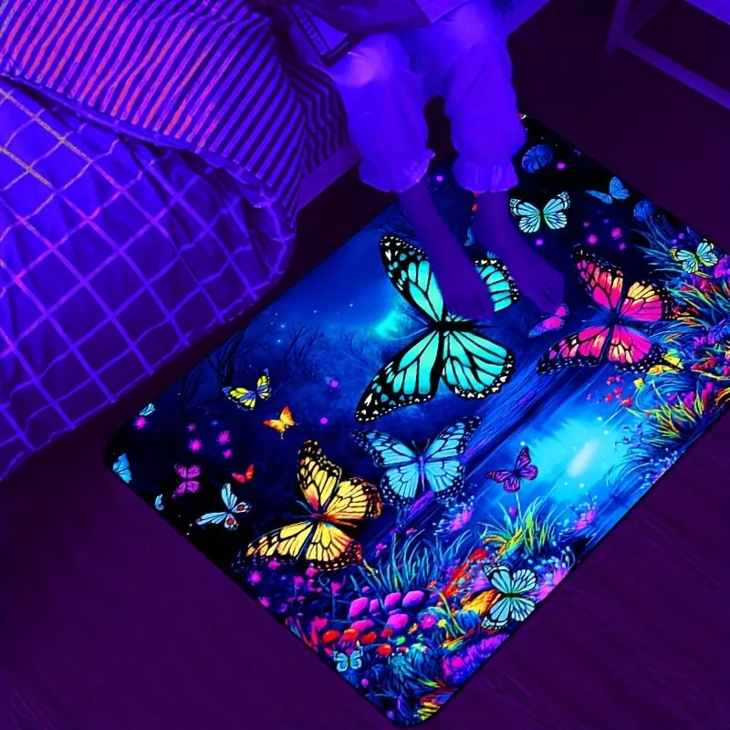 1PC Soft And Comfortable Vibrant Butterfly Design Area Rug - Non-Slip, UV Blacklight Washable Polyester Mat For Game Room, Bedroom, Living Room, Outdoor Rug & Entryway Decor