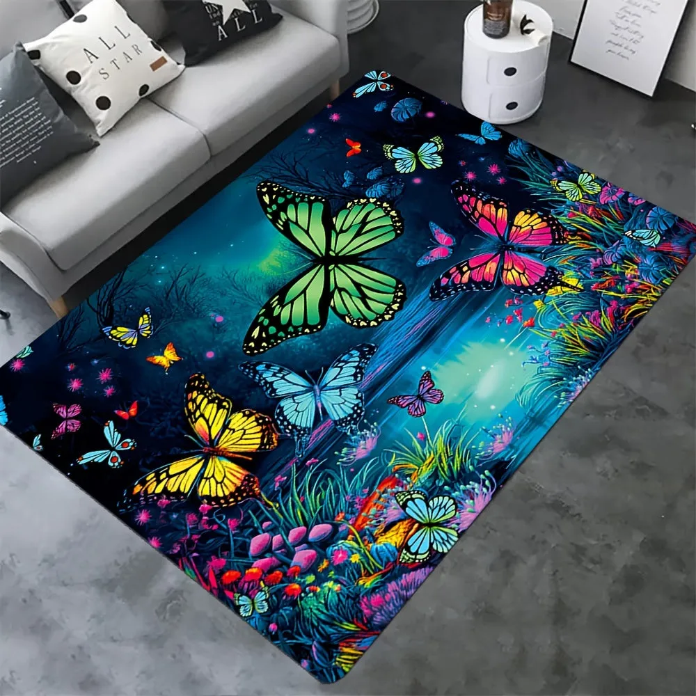 1PC Soft And Comfortable Vibrant Butterfly Design Area Rug - Non-Slip, UV Blacklight Washable Polyester Mat For Game Room, Bedroom, Living Room, Outdoor Rug & Entryway Decor