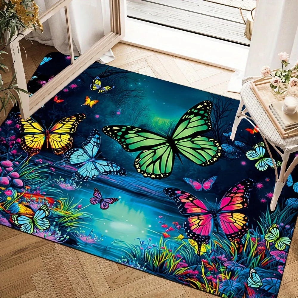 1PC Soft And Comfortable Vibrant Butterfly Design Area Rug - Non-Slip, UV Blacklight Washable Polyester Mat For Game Room, Bedroom, Living Room, Outdoor Rug & Entryway Decor