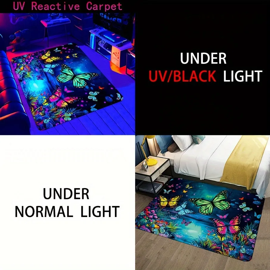 1PC Soft And Comfortable Vibrant Butterfly Design Area Rug - Non-Slip, UV Blacklight Washable Polyester Mat For Game Room, Bedroom, Living Room, Outdoor Rug & Entryway Decor