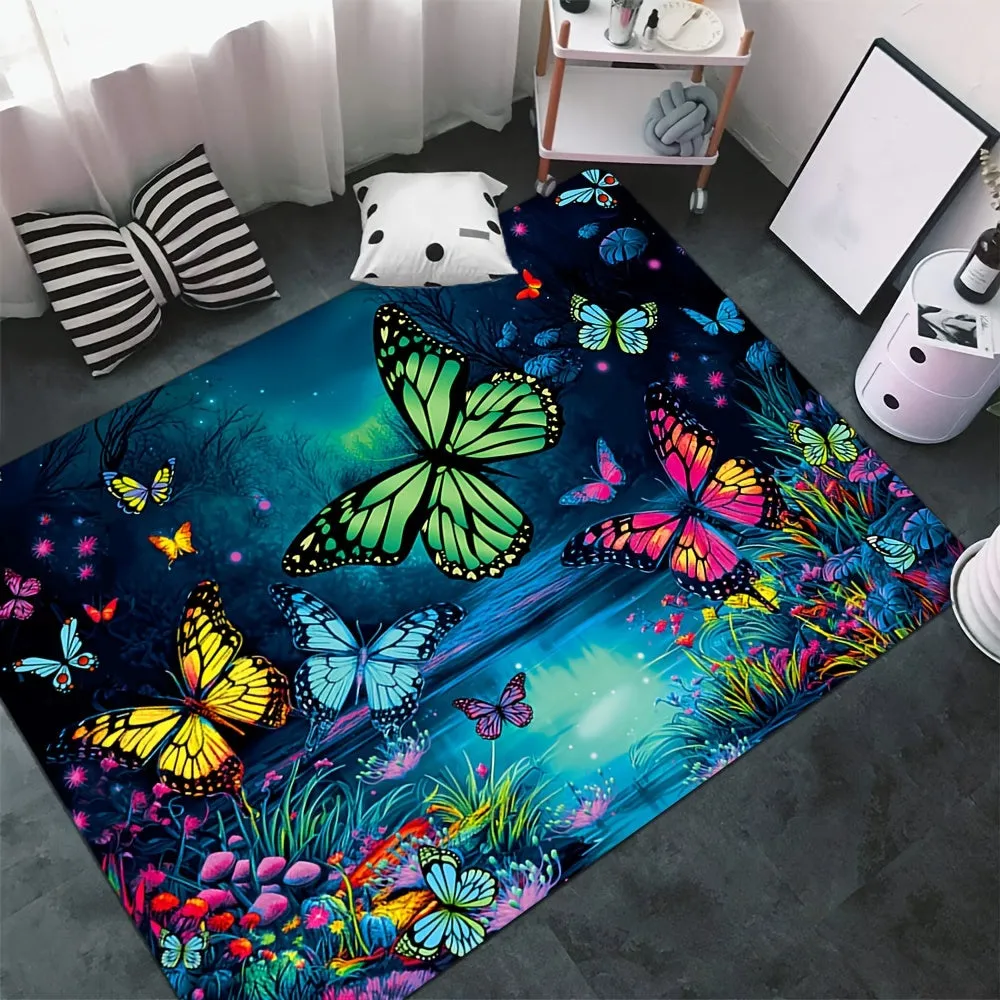 1PC Soft And Comfortable Vibrant Butterfly Design Area Rug - Non-Slip, UV Blacklight Washable Polyester Mat For Game Room, Bedroom, Living Room, Outdoor Rug & Entryway Decor