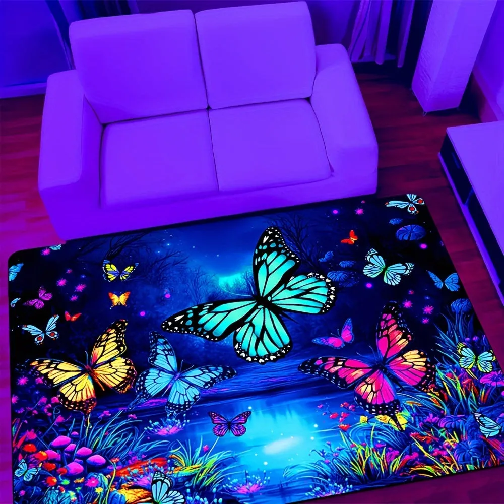 1PC Soft And Comfortable Vibrant Butterfly Design Area Rug - Non-Slip, UV Blacklight Washable Polyester Mat For Game Room, Bedroom, Living Room, Outdoor Rug & Entryway Decor