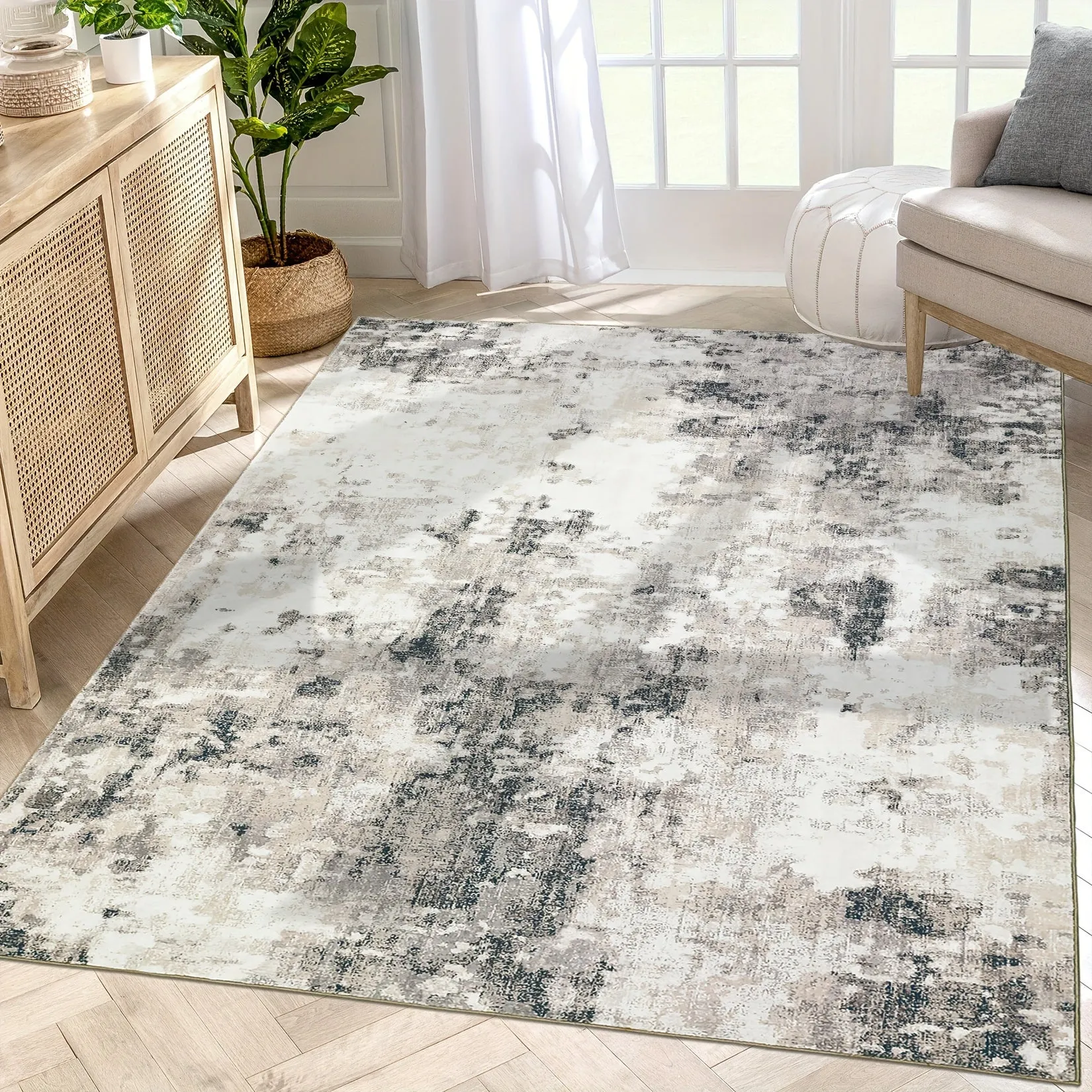 1PC Washable Area Rug Modern Abstract Rug For Living Room Bedroom Contemporary Distressed Office Carpet Low Pile Non Slip Neutral Soft Ultra-Thin Rug Runner Rug For Entryway Kitchen Rug Farmhouse Gray Camel