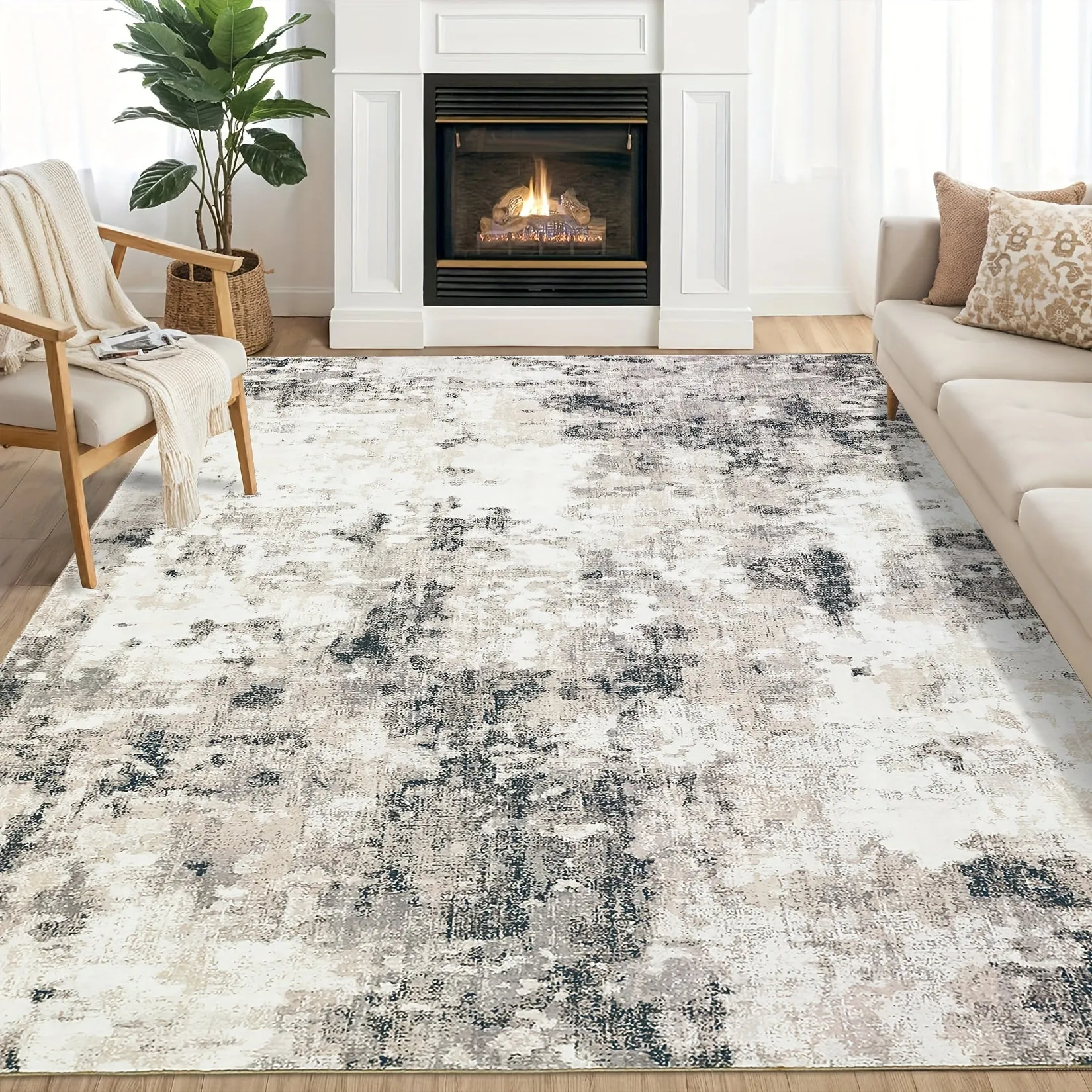 1PC Washable Area Rug Modern Abstract Rug For Living Room Bedroom Contemporary Distressed Office Carpet Low Pile Non Slip Neutral Soft Ultra-Thin Rug Runner Rug For Entryway Kitchen Rug Farmhouse Gray Camel