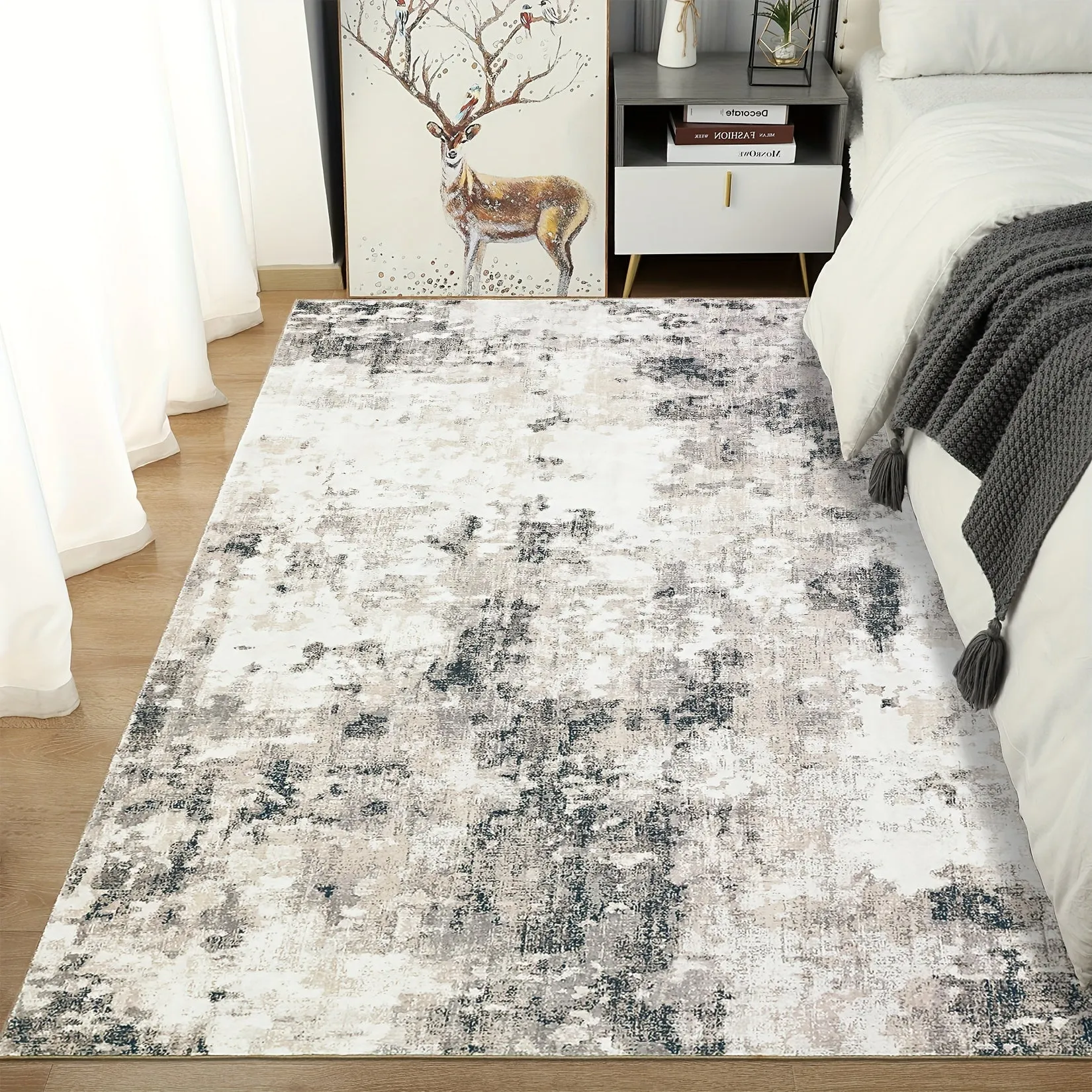 1PC Washable Area Rug Modern Abstract Rug For Living Room Bedroom Contemporary Distressed Office Carpet Low Pile Non Slip Neutral Soft Ultra-Thin Rug Runner Rug For Entryway Kitchen Rug Farmhouse Gray Camel