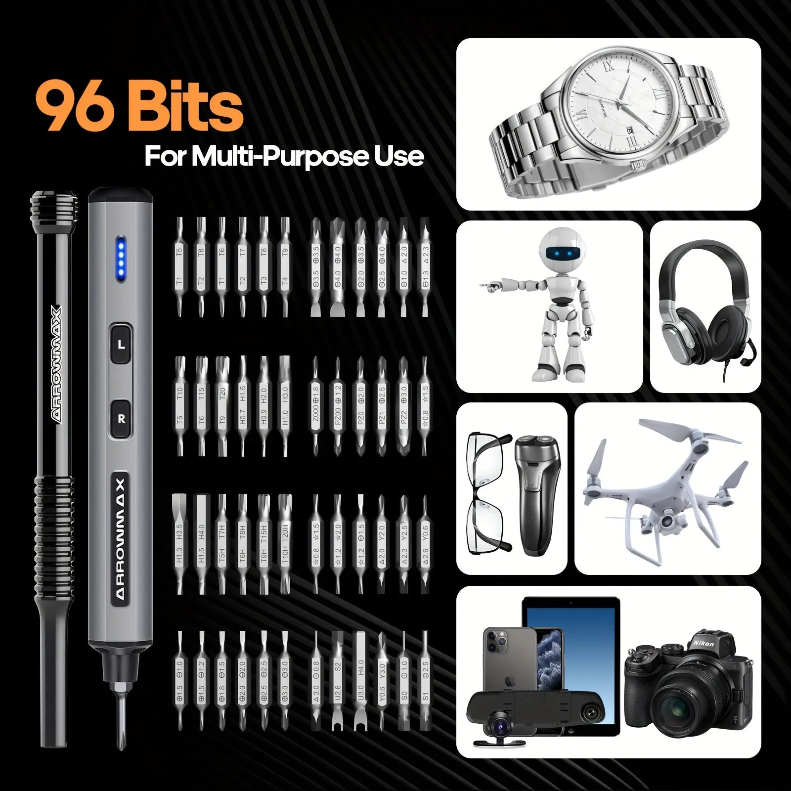 1set 102 In 1 Precision Electric Screwdriver Set, 96 Magnetic Bits, Rechargeable Mini Cordless Screwdriver With 4 LED Lights For Phone, Laptop, Watches, Glasses, RC, DIY Repair Tools