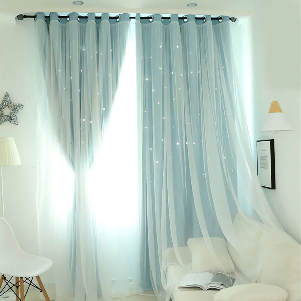 2 Pieces High Shading Hollow Star Double Layer Curtain Solid Color High Shading Insulation Floor To Ceiling Window Curtain Star Curtain