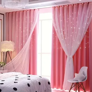 2 Pieces High Shading Hollow Star Double Layer Curtain Solid Color High Shading Insulation Floor To Ceiling Window Curtain Star Curtain