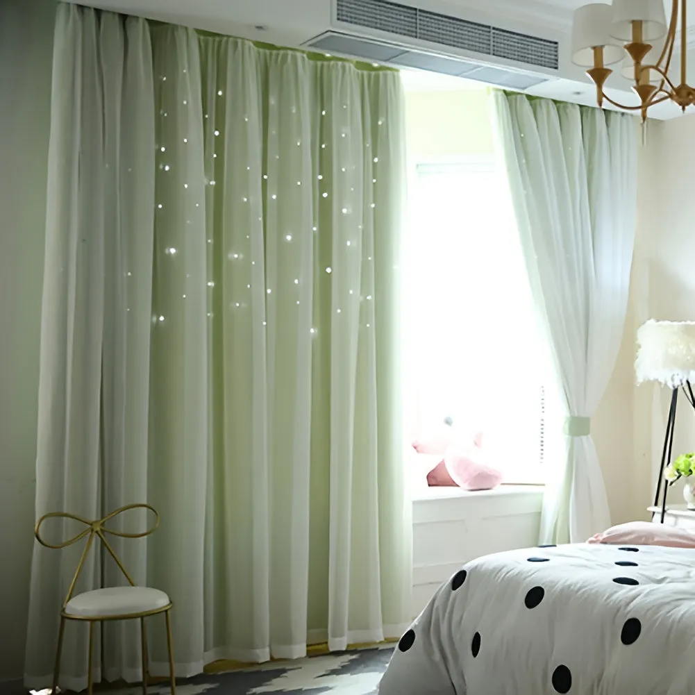 2 Pieces High Shading Hollow Star Double Layer Curtain Solid Color High Shading Insulation Floor To Ceiling Window Curtain Star Curtain