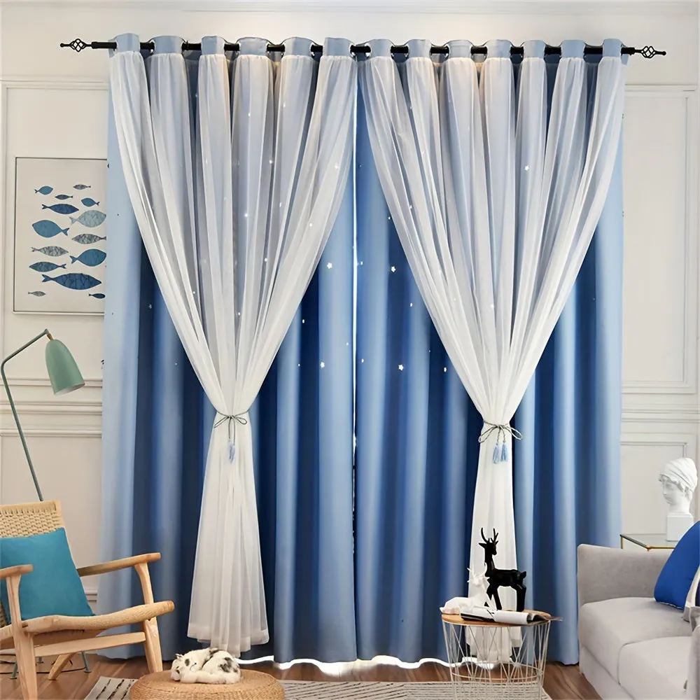 2 Pieces High Shading Hollow Star Double Layer Curtain Solid Color High Shading Insulation Floor To Ceiling Window Curtain Star Curtain