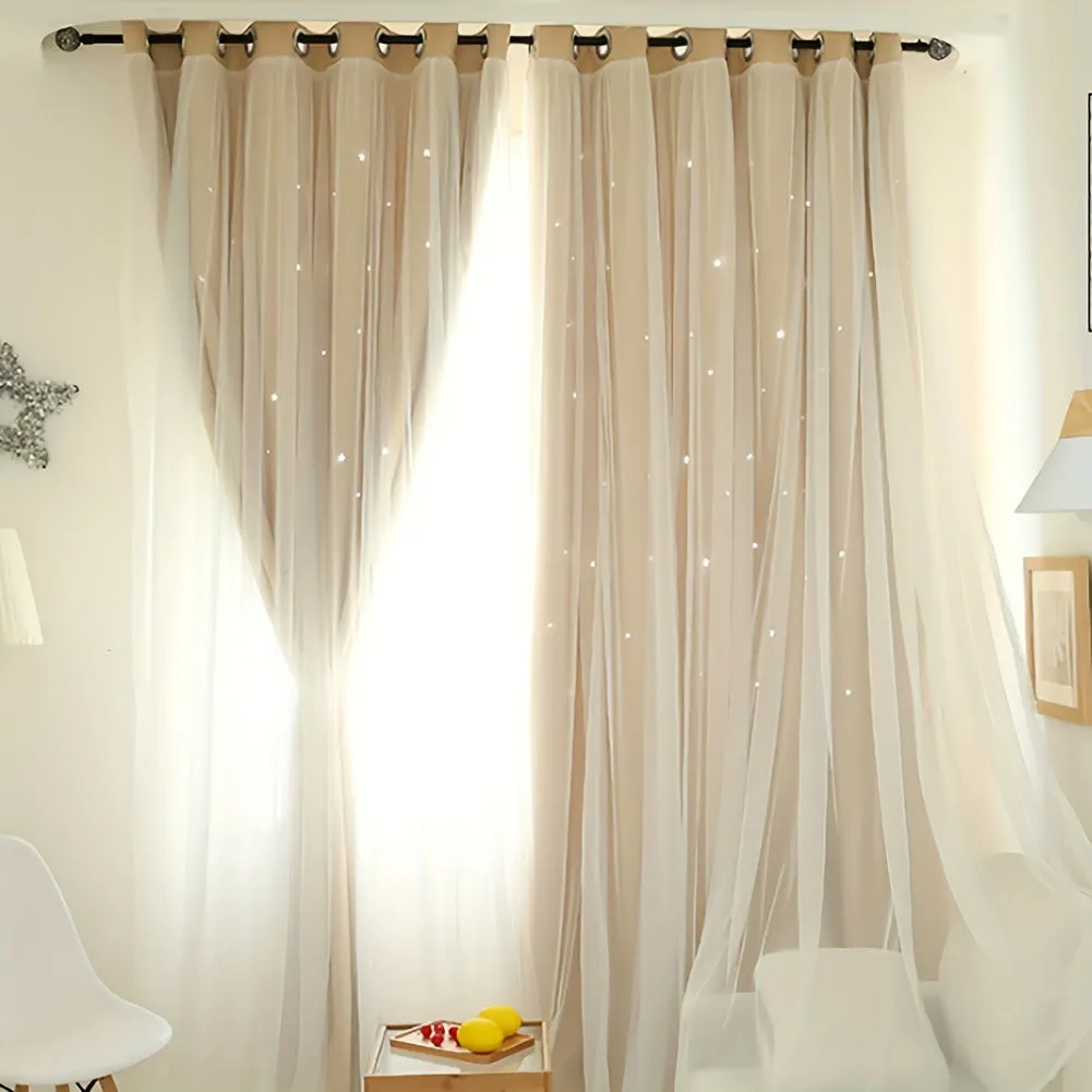 2 Pieces High Shading Hollow Star Double Layer Curtain Solid Color High Shading Insulation Floor To Ceiling Window Curtain Star Curtain