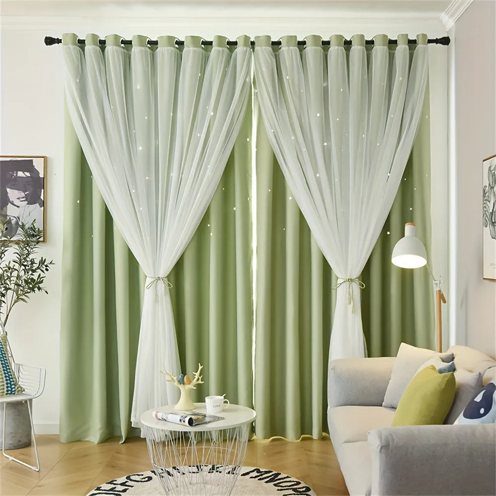 2 Pieces High Shading Hollow Star Double Layer Curtain Solid Color High Shading Insulation Floor To Ceiling Window Curtain Star Curtain