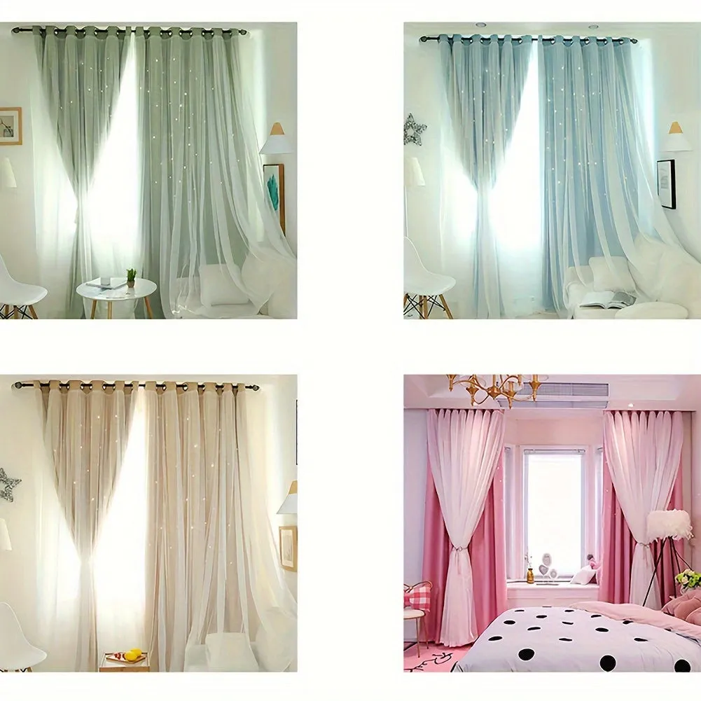 2 Pieces High Shading Hollow Star Double Layer Curtain Solid Color High Shading Insulation Floor To Ceiling Window Curtain Star Curtain