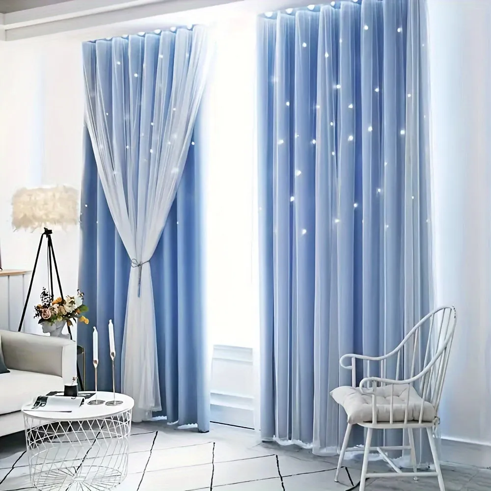 2 Pieces High Shading Hollow Star Double Layer Curtain Solid Color High Shading Insulation Floor To Ceiling Window Curtain Star Curtain