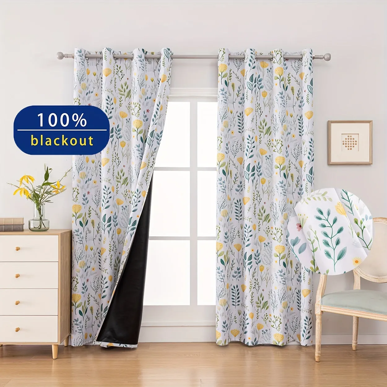 2Panels 100% Blackout Curtains, Summer Daisy Print Curtains, Top Loop Hanging, Sunscreen, Heat And Light Insulation Thick Noise Reduction Film Coated Shading Curtains, Deep Sleep Curtains, For The Bedroom Living Room Balcony Home Decoration