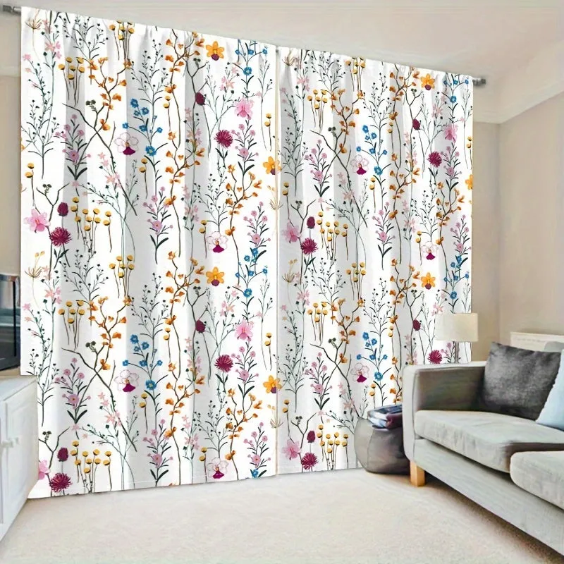 2pcs Set Modern Floral Print Sheer Curtains for Living Room & Bedroom - Rod Pocket Design, Fade-Resistant Polyester Drapes