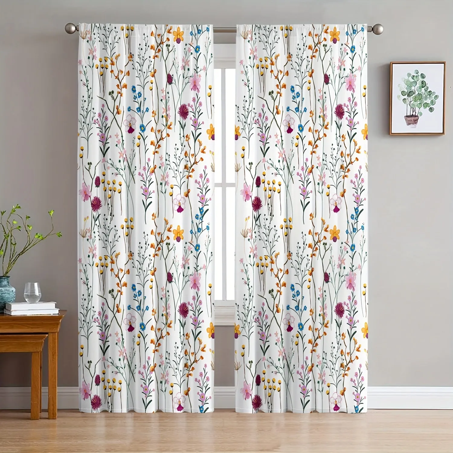 2pcs Set Modern Floral Print Sheer Curtains for Living Room & Bedroom - Rod Pocket Design, Fade-Resistant Polyester Drapes