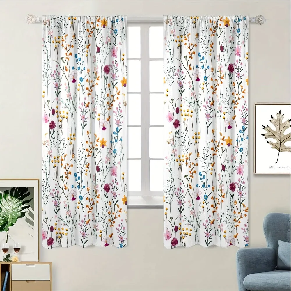 2pcs Set Modern Floral Print Sheer Curtains for Living Room & Bedroom - Rod Pocket Design, Fade-Resistant Polyester Drapes