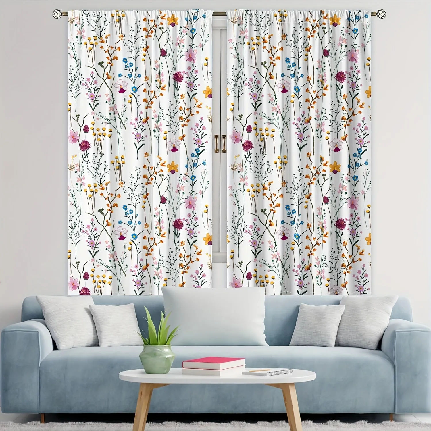 2pcs Set Modern Floral Print Sheer Curtains for Living Room & Bedroom - Rod Pocket Design, Fade-Resistant Polyester Drapes