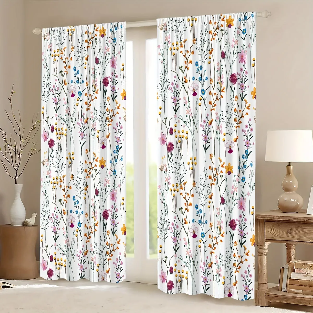 2pcs Set Modern Floral Print Sheer Curtains for Living Room & Bedroom - Rod Pocket Design, Fade-Resistant Polyester Drapes