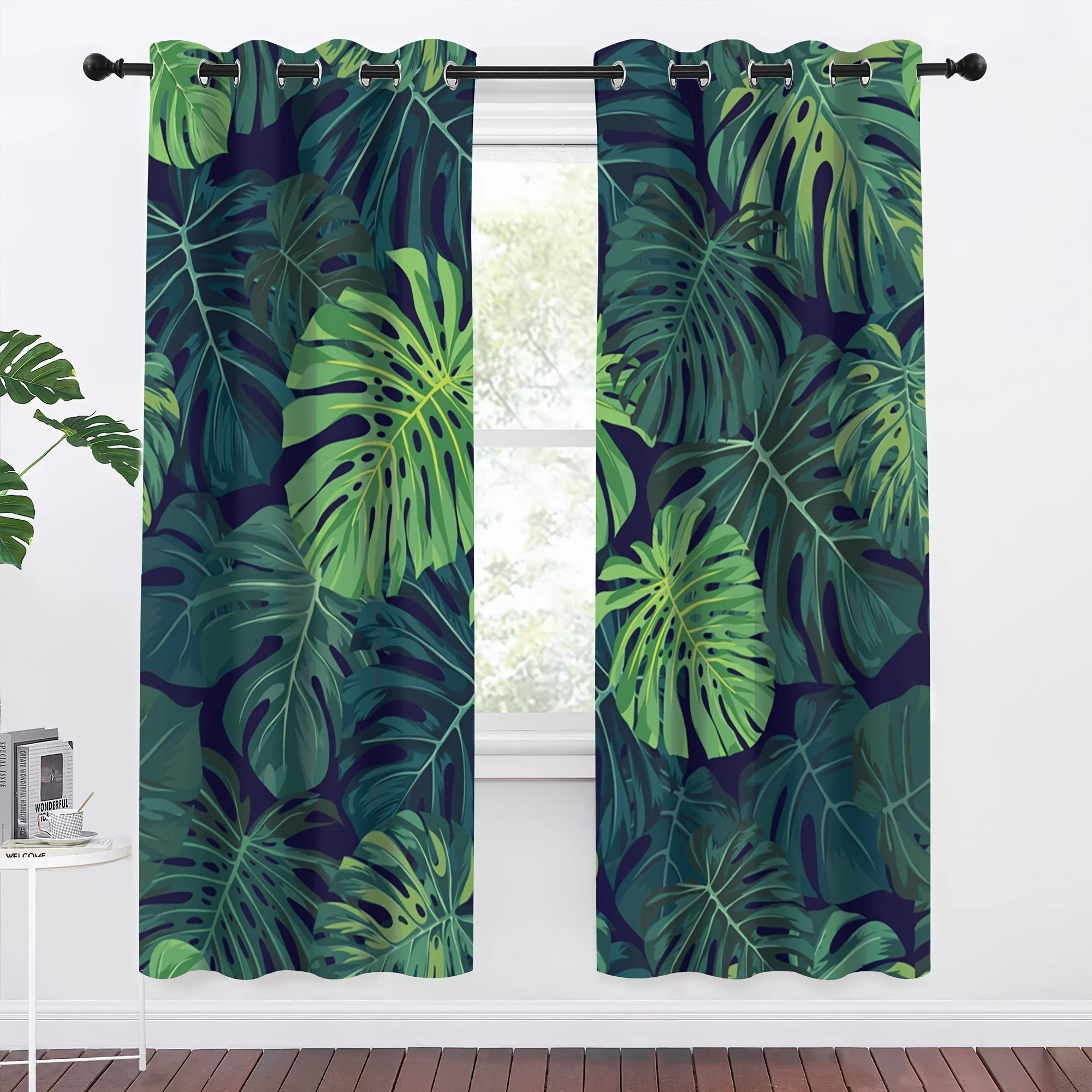 2pcs, Tropical Palm Leaf Green Digital Printed Curtain Living Room Curtain, Grommet Top Curtains Living Room Office Home Decoration