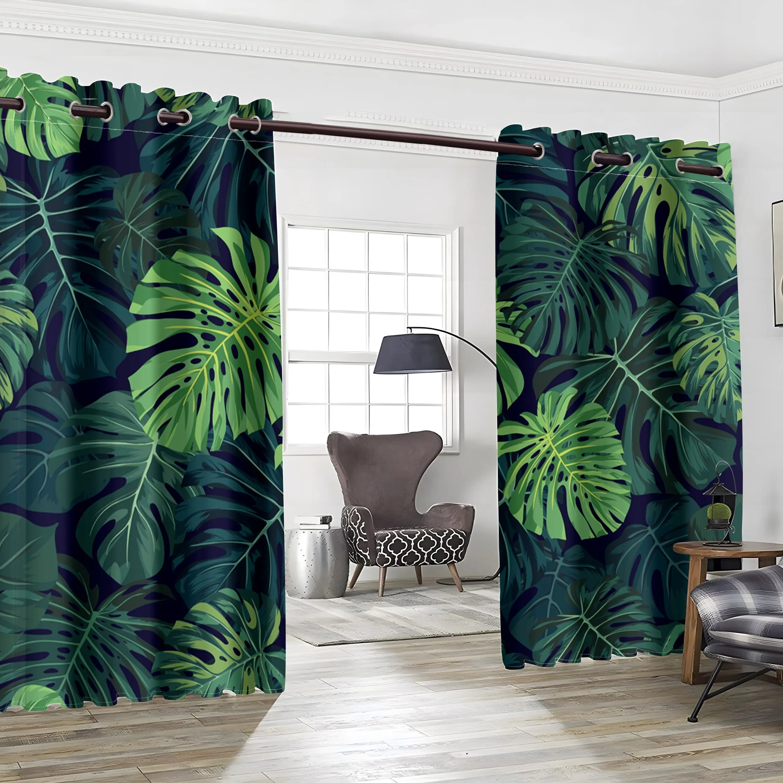 2pcs, Tropical Palm Leaf Green Digital Printed Curtain Living Room Curtain, Grommet Top Curtains Living Room Office Home Decoration