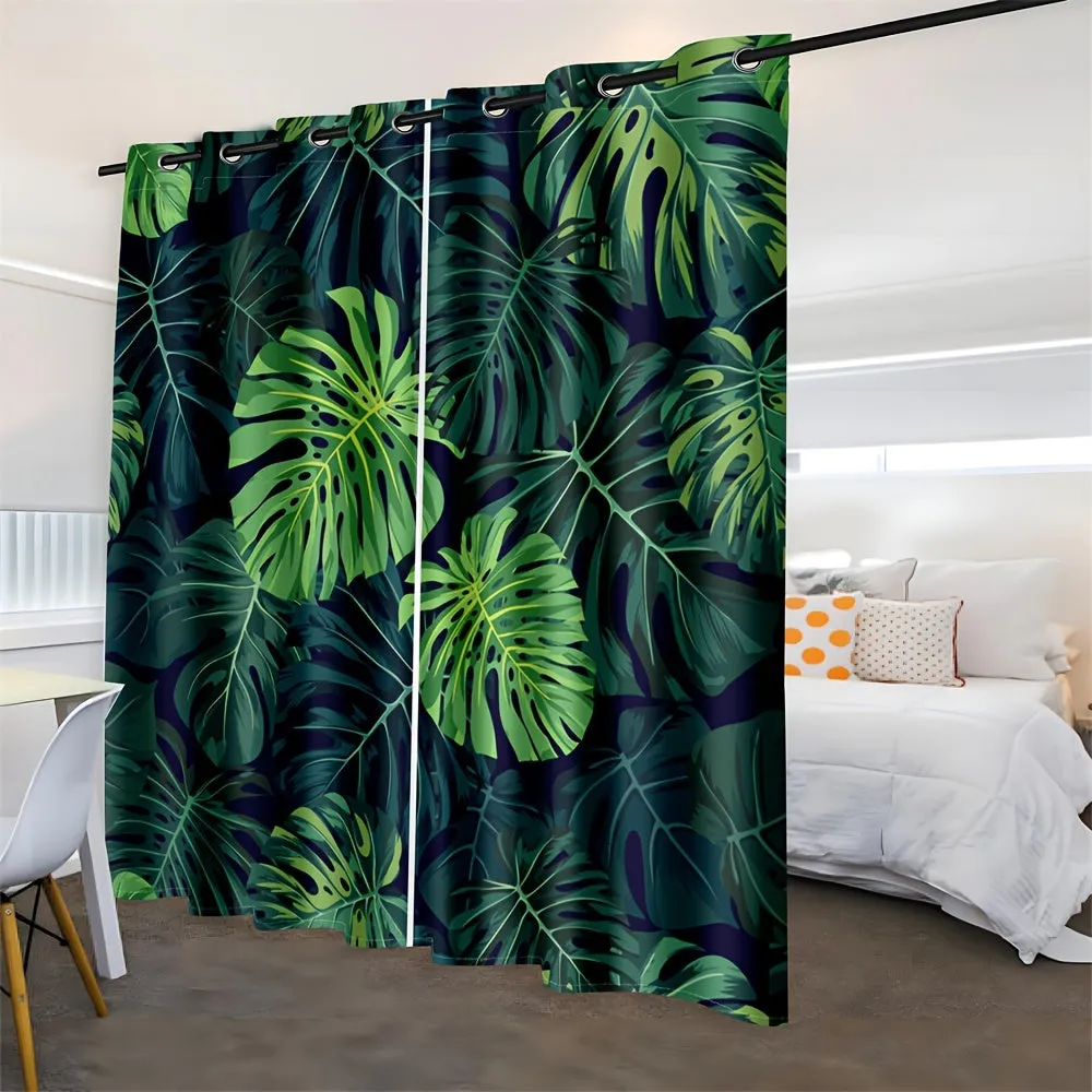 2pcs, Tropical Palm Leaf Green Digital Printed Curtain Living Room Curtain, Grommet Top Curtains Living Room Office Home Decoration