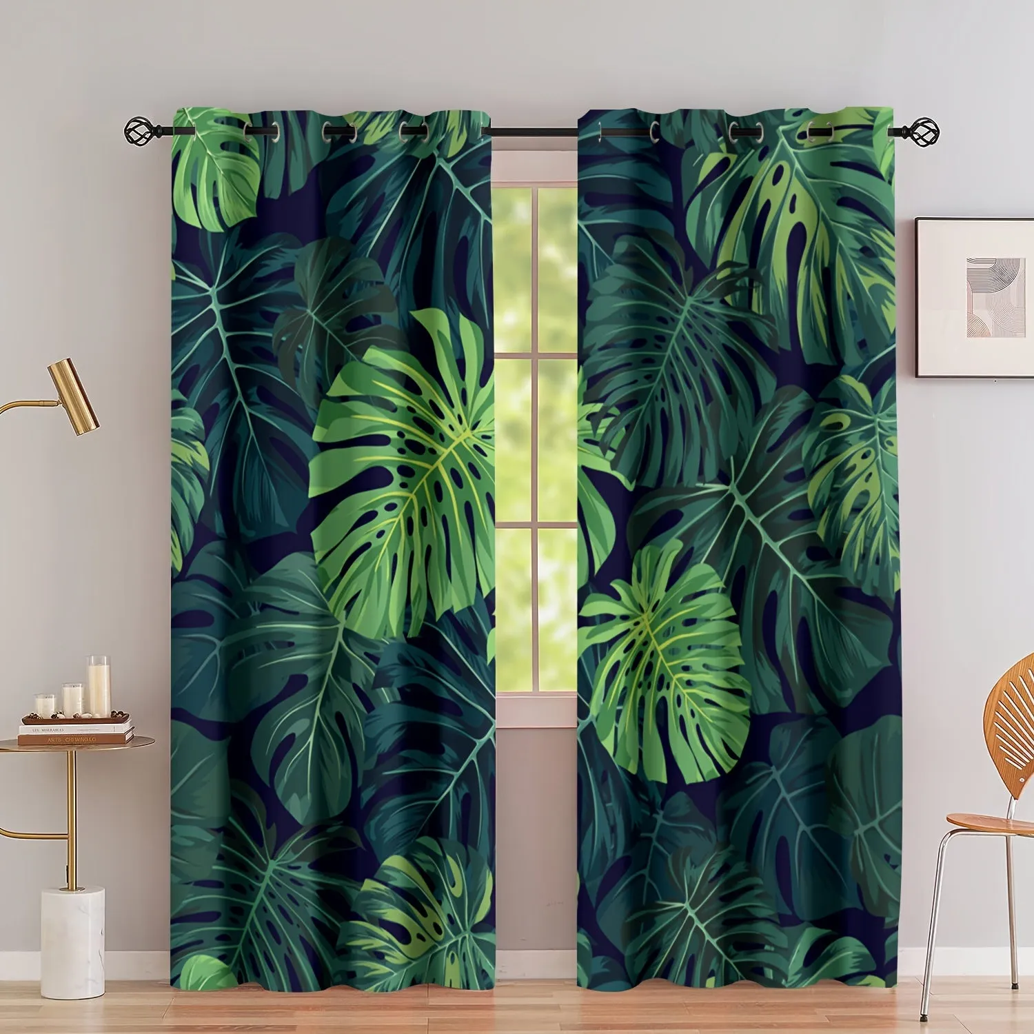 2pcs, Tropical Palm Leaf Green Digital Printed Curtain Living Room Curtain, Grommet Top Curtains Living Room Office Home Decoration