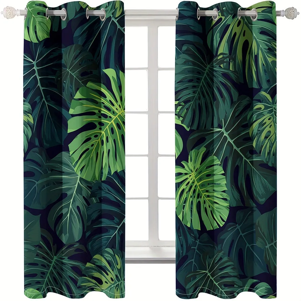 2pcs, Tropical Palm Leaf Green Digital Printed Curtain Living Room Curtain, Grommet Top Curtains Living Room Office Home Decoration