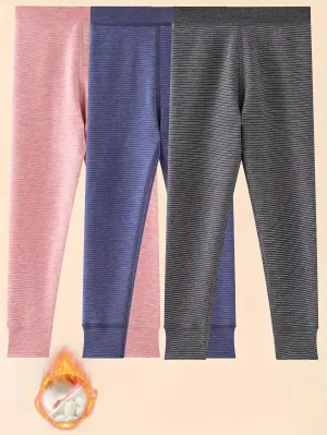 3-Pack Kids' Winter Thermal Pants - 100% Polyester Striped Knit Fabric, Warm Bottoms for Boys & Girls