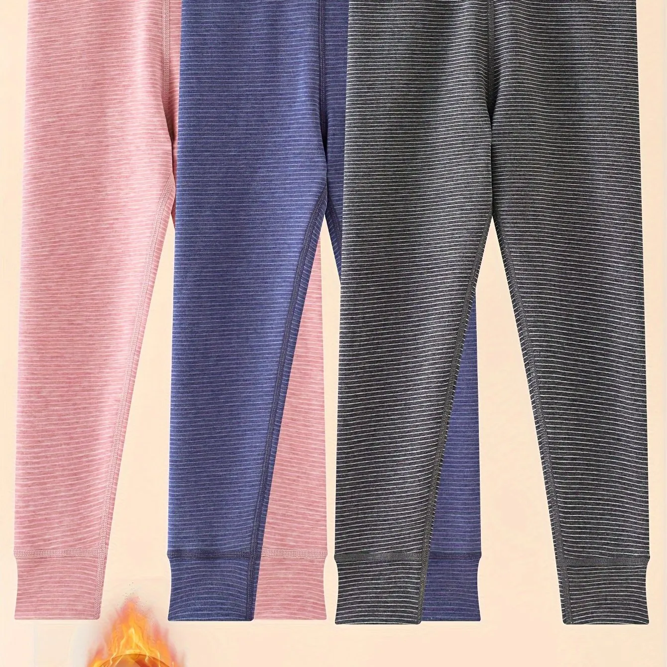 3-Pack Kids' Winter Thermal Pants - 100% Polyester Striped Knit Fabric, Warm Bottoms for Boys & Girls