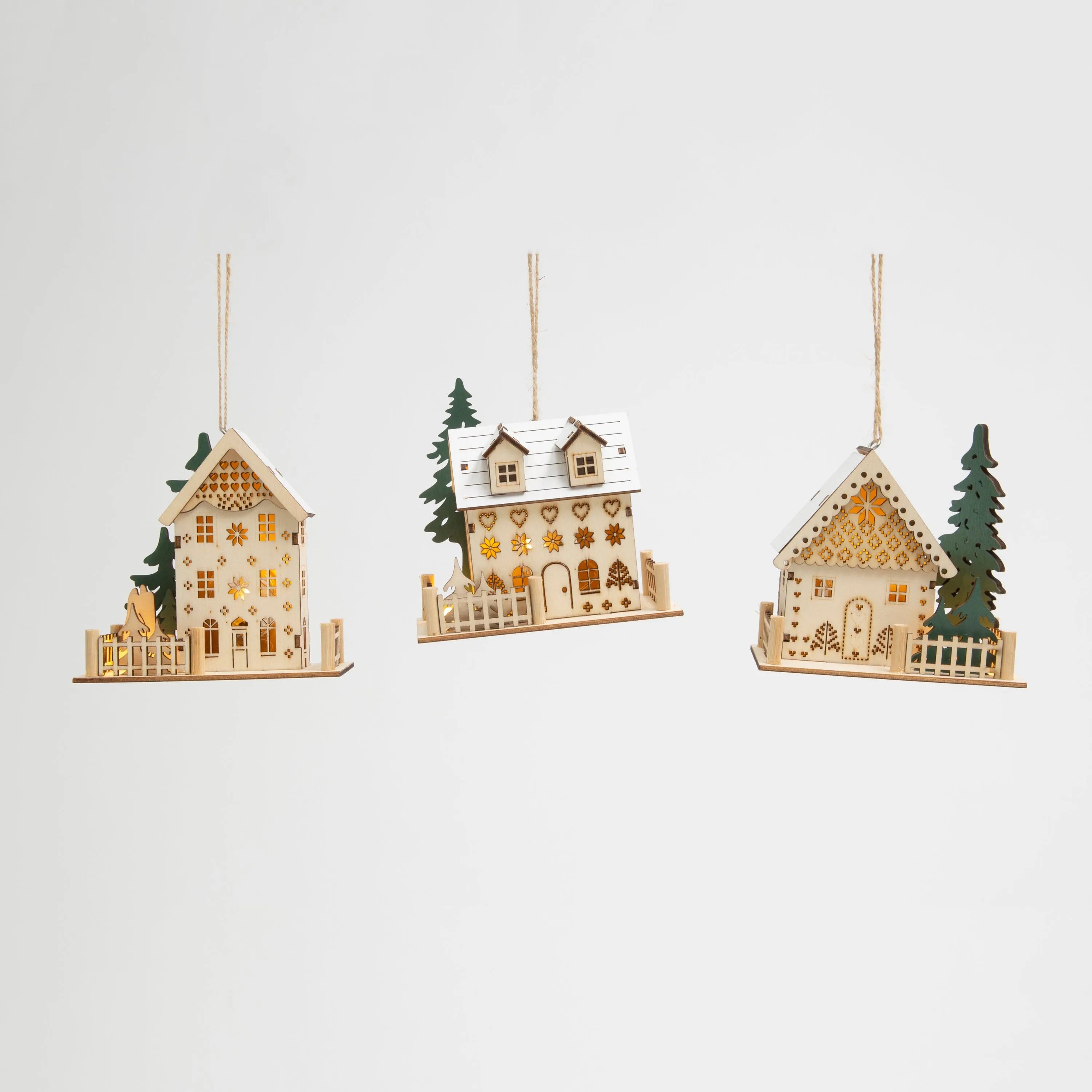 4.25 in Lighted Laser Cut Wood House Ornament Set of 3