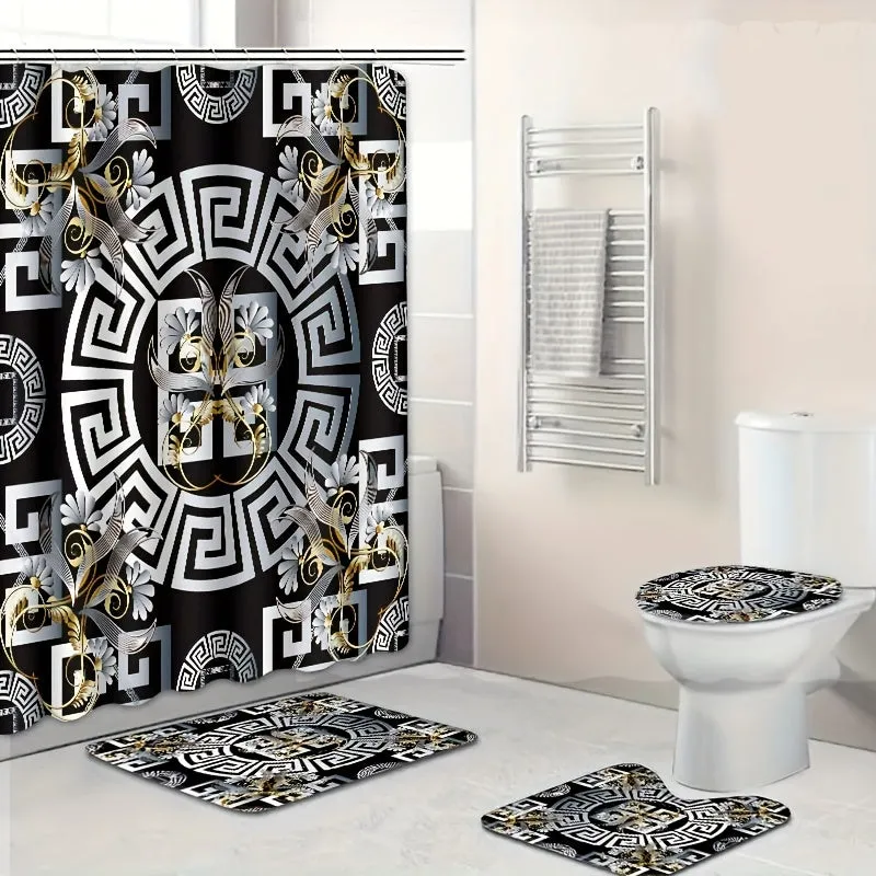 4pcs White Gold Geometric Design Shower Curtain Gift Modern Home Bathroom Decoration Curtain And Toilet Floor Mat 3-piece Set With 12 Shower Curtain Hooks