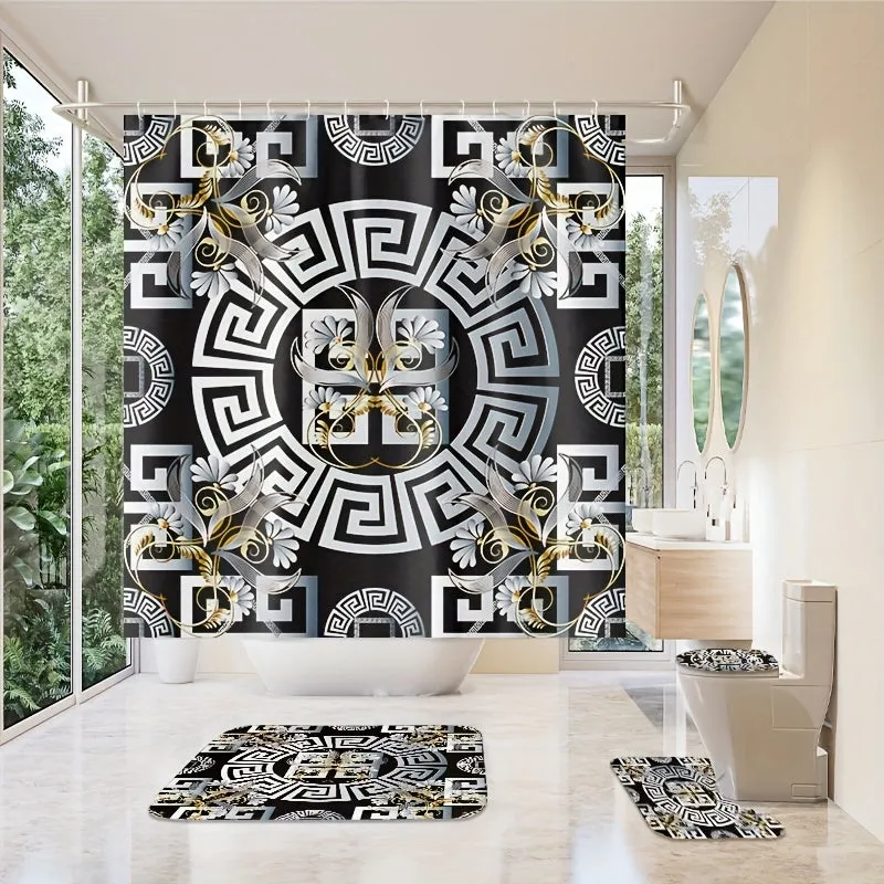 4pcs White Gold Geometric Design Shower Curtain Gift Modern Home Bathroom Decoration Curtain And Toilet Floor Mat 3-piece Set With 12 Shower Curtain Hooks