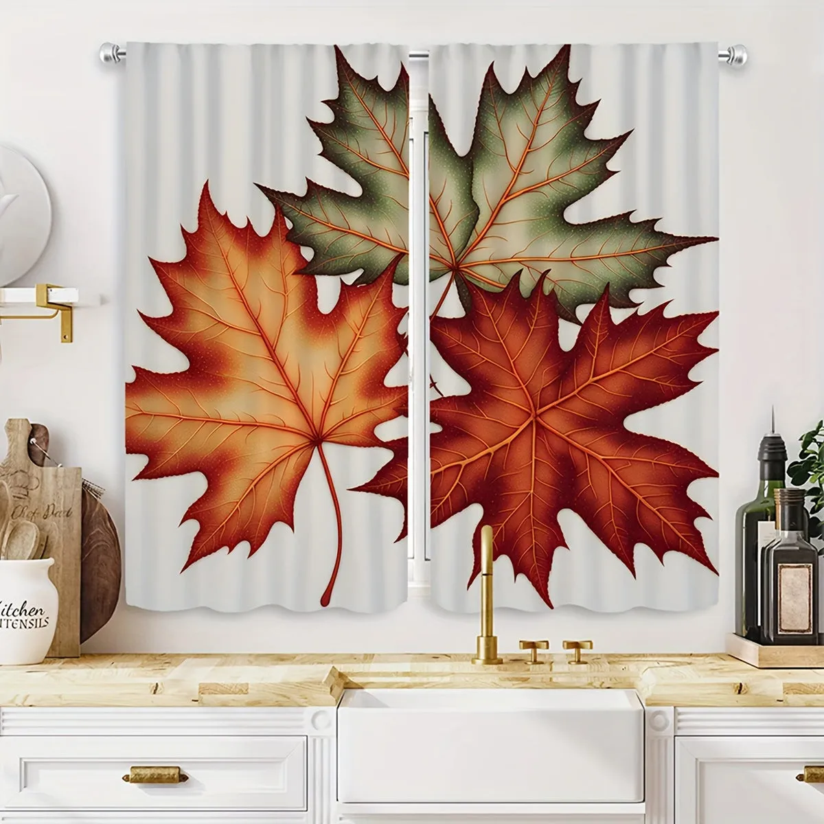 Autumn Maple Leaf Print Decorative Window Panels, Set of 2, Contemporary Style, Machine Washable, Twill Weave, All-Season, Semi-Sheer Flannel Polyester, Rod Pocket Drapes for Bedroom and Living Room