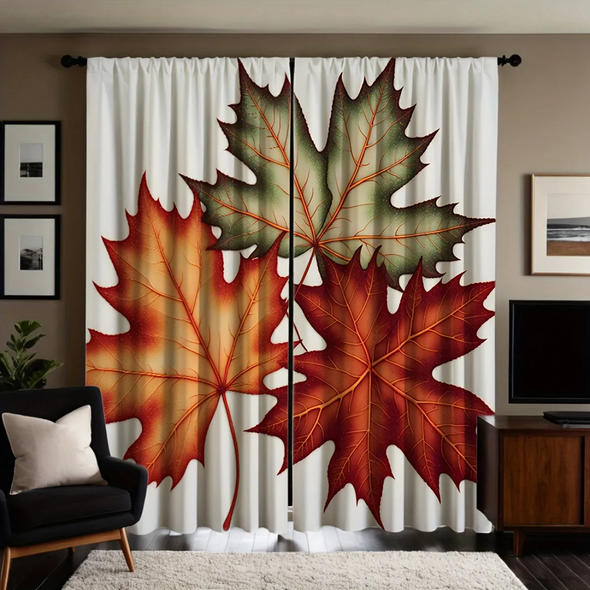 Autumn Maple Leaf Print Decorative Window Panels, Set of 2, Contemporary Style, Machine Washable, Twill Weave, All-Season, Semi-Sheer Flannel Polyester, Rod Pocket Drapes for Bedroom and Living Room