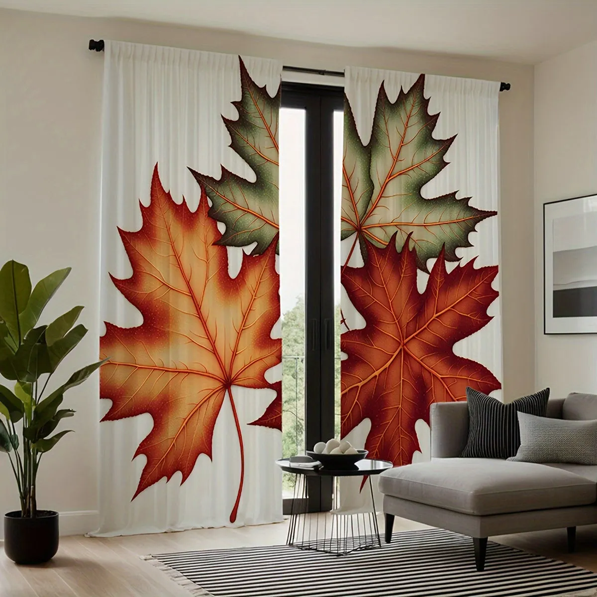 Autumn Maple Leaf Print Decorative Window Panels, Set of 2, Contemporary Style, Machine Washable, Twill Weave, All-Season, Semi-Sheer Flannel Polyester, Rod Pocket Drapes for Bedroom and Living Room