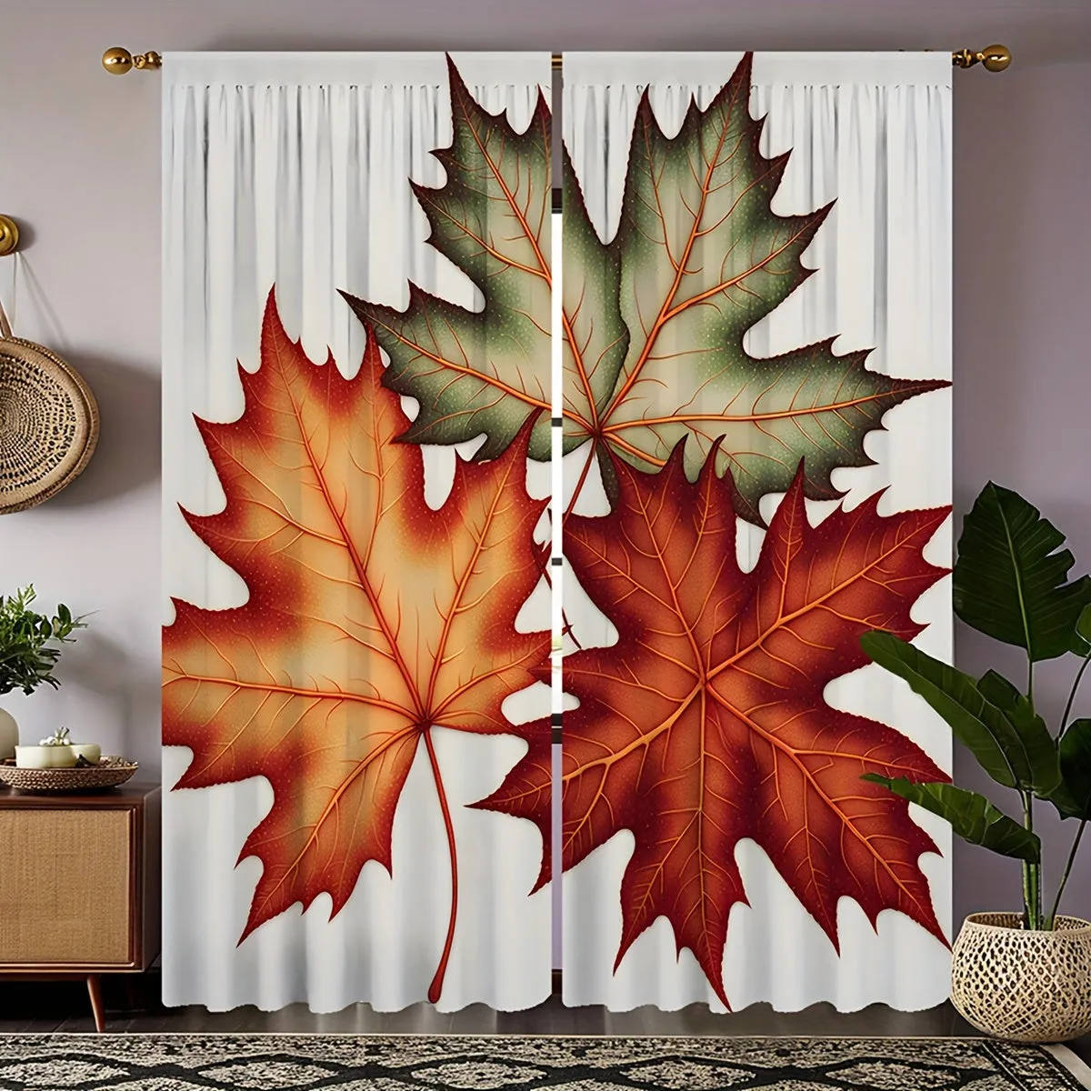 Autumn Maple Leaf Print Decorative Window Panels, Set of 2, Contemporary Style, Machine Washable, Twill Weave, All-Season, Semi-Sheer Flannel Polyester, Rod Pocket Drapes for Bedroom and Living Room