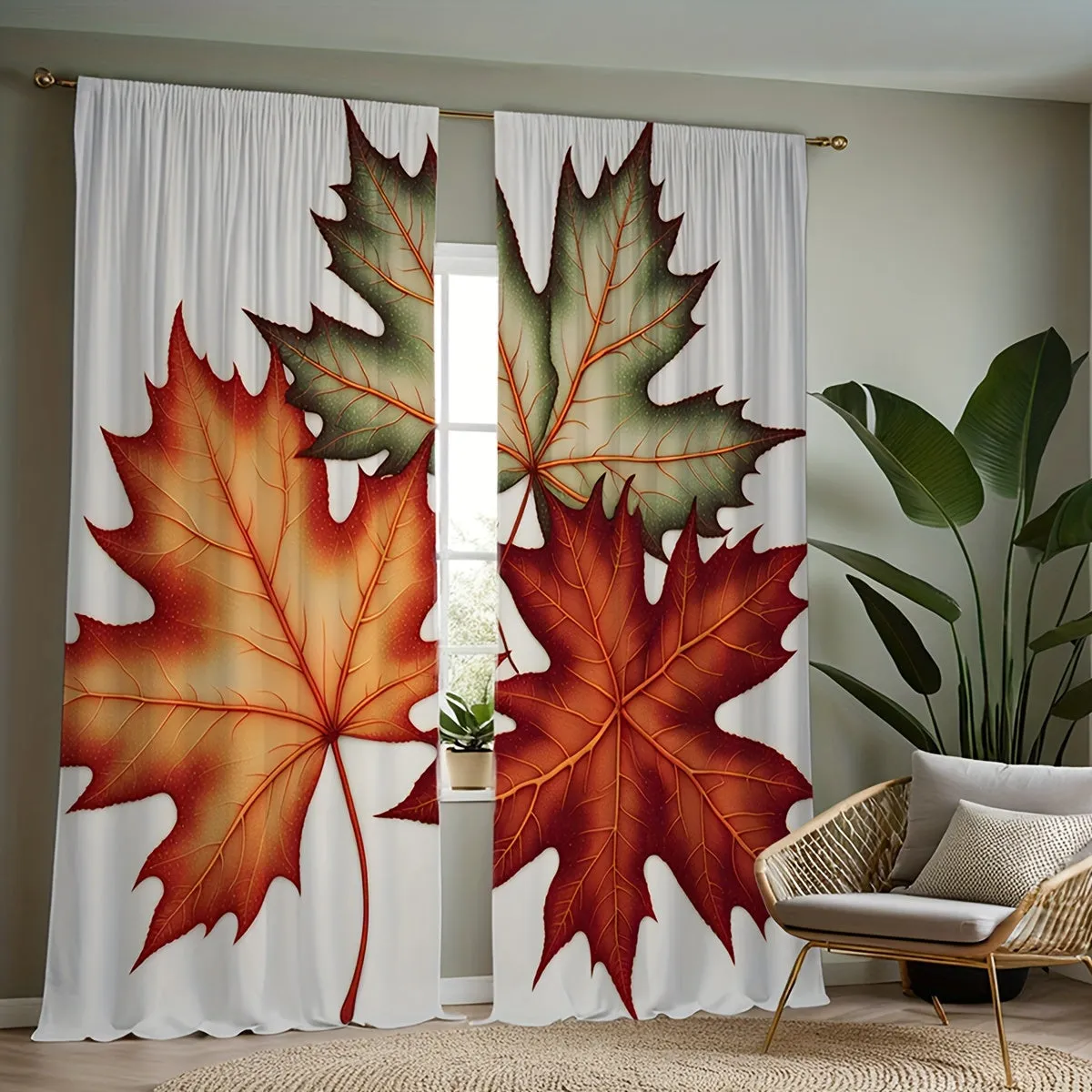 Autumn Maple Leaf Print Decorative Window Panels, Set of 2, Contemporary Style, Machine Washable, Twill Weave, All-Season, Semi-Sheer Flannel Polyester, Rod Pocket Drapes for Bedroom and Living Room