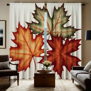 Autumn Maple Leaf Print Decorative Window Panels, Set of 2, Contemporary Style, Machine Washable, Twill Weave, All-Season, Semi-Sheer Flannel Polyester, Rod Pocket Drapes for Bedroom and Living Room